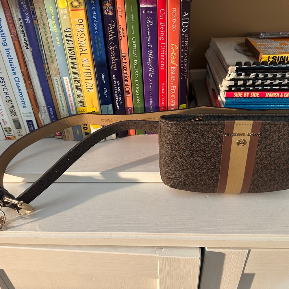 Michael Kors Brown Signature Stripe Belt Bag with Tan and Yellow Center Stripe